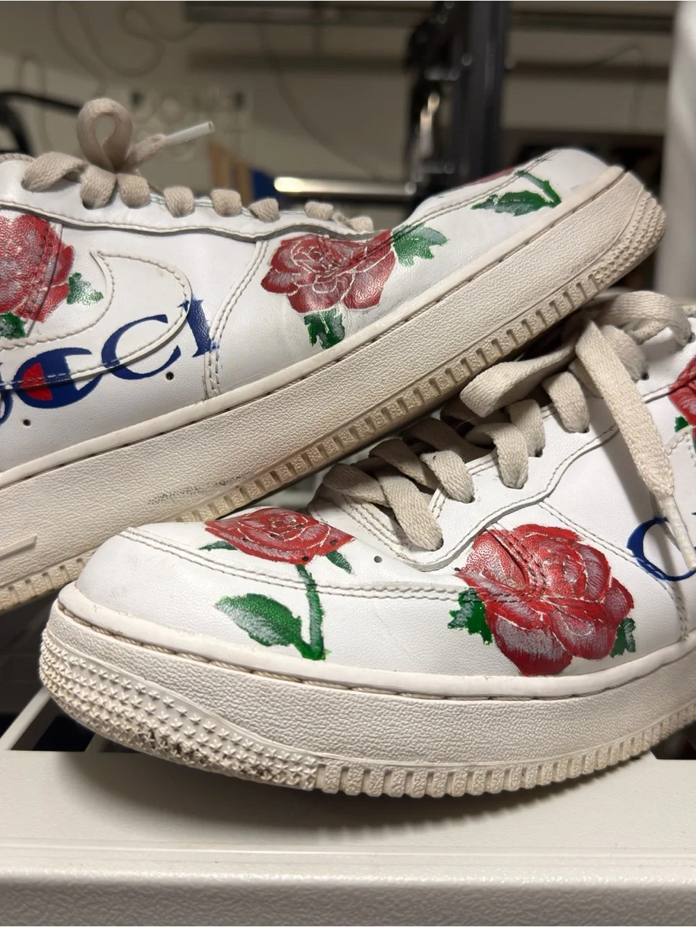 Nike White Sneakers with hand painted Red Rose Gucci design